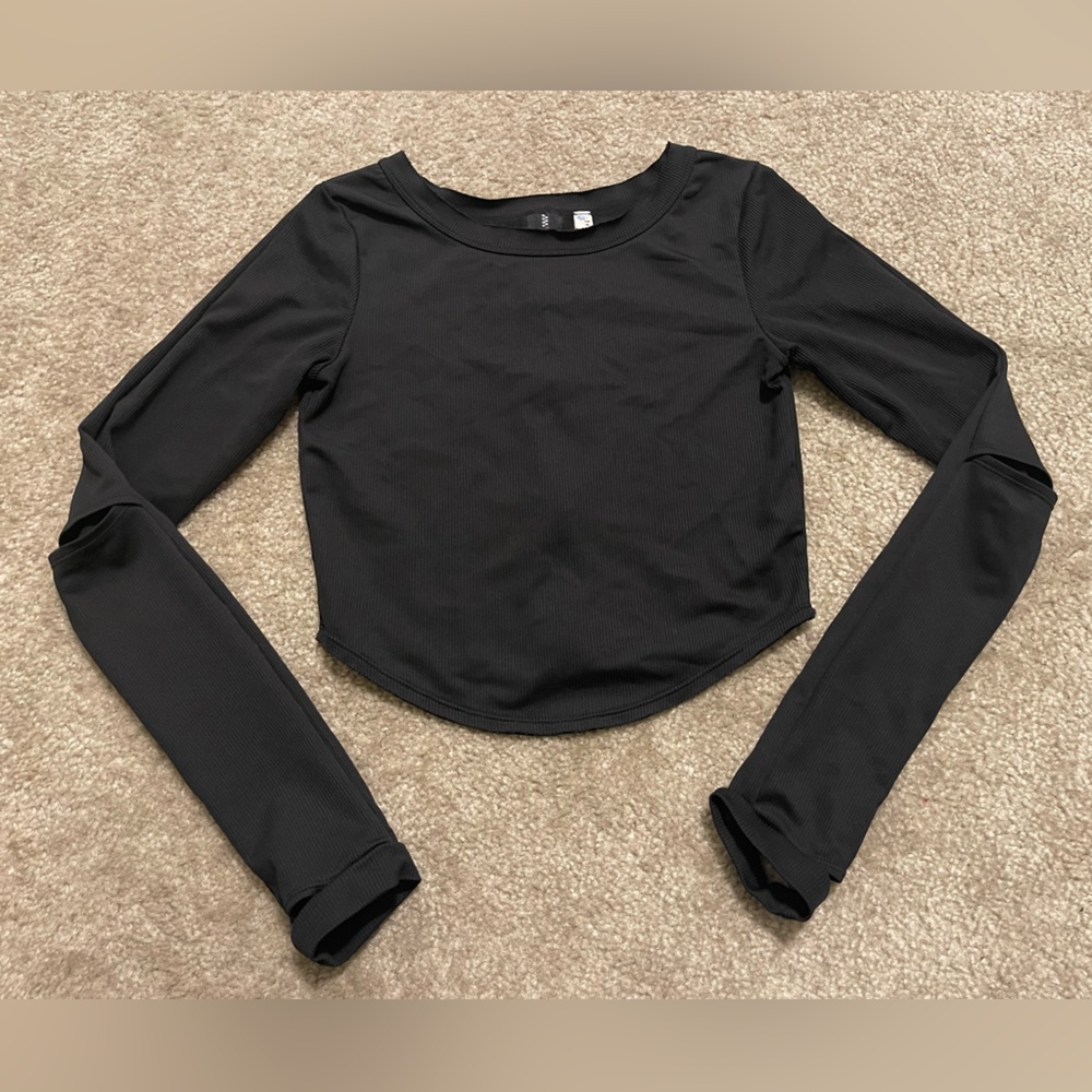Women’s Free People FP Movement Ribbed Back Zip Long Sleeve Crop Top Black Sz S